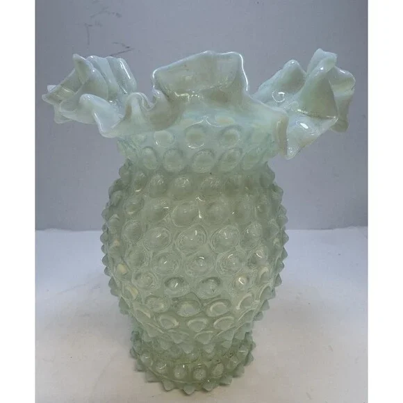 Uranium Fenton Hobnail- 6” Ruffled Flower Vase - Topaz Opalescent - Picture 3 of 6